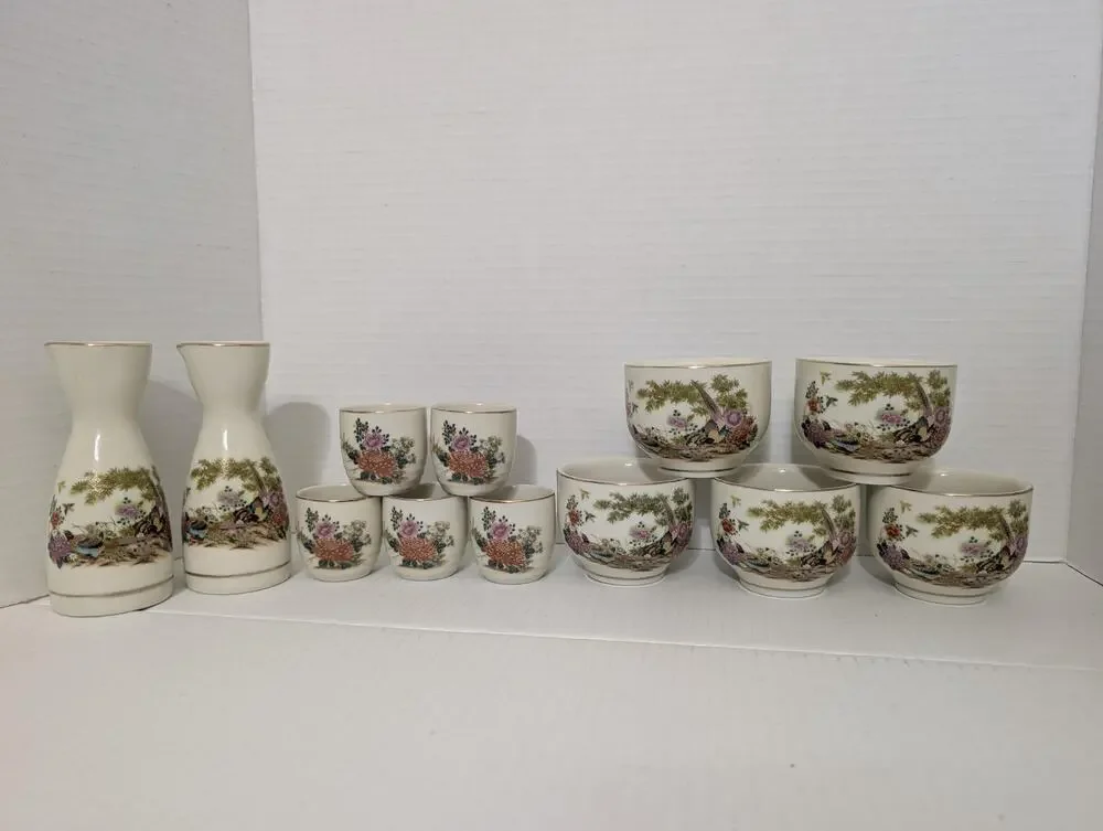 Vintage Japanese Satsuma Sake Set 12 Pc Tokkuri Ochoko Yunomi Pheasant